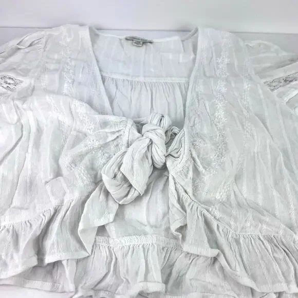 American Eagle V-Neck Gauzy Lace Tie-Front White Blouse Top BOHO L - Picture 9 of 14